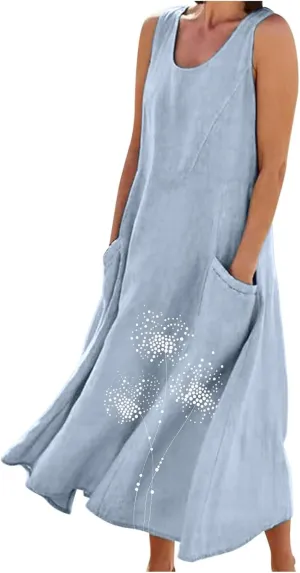 Summer Dresses for Women Casual Sleeveless Cotton Linen Elegante Maxi Dress Plus Size Floral Sundresses with Pockets