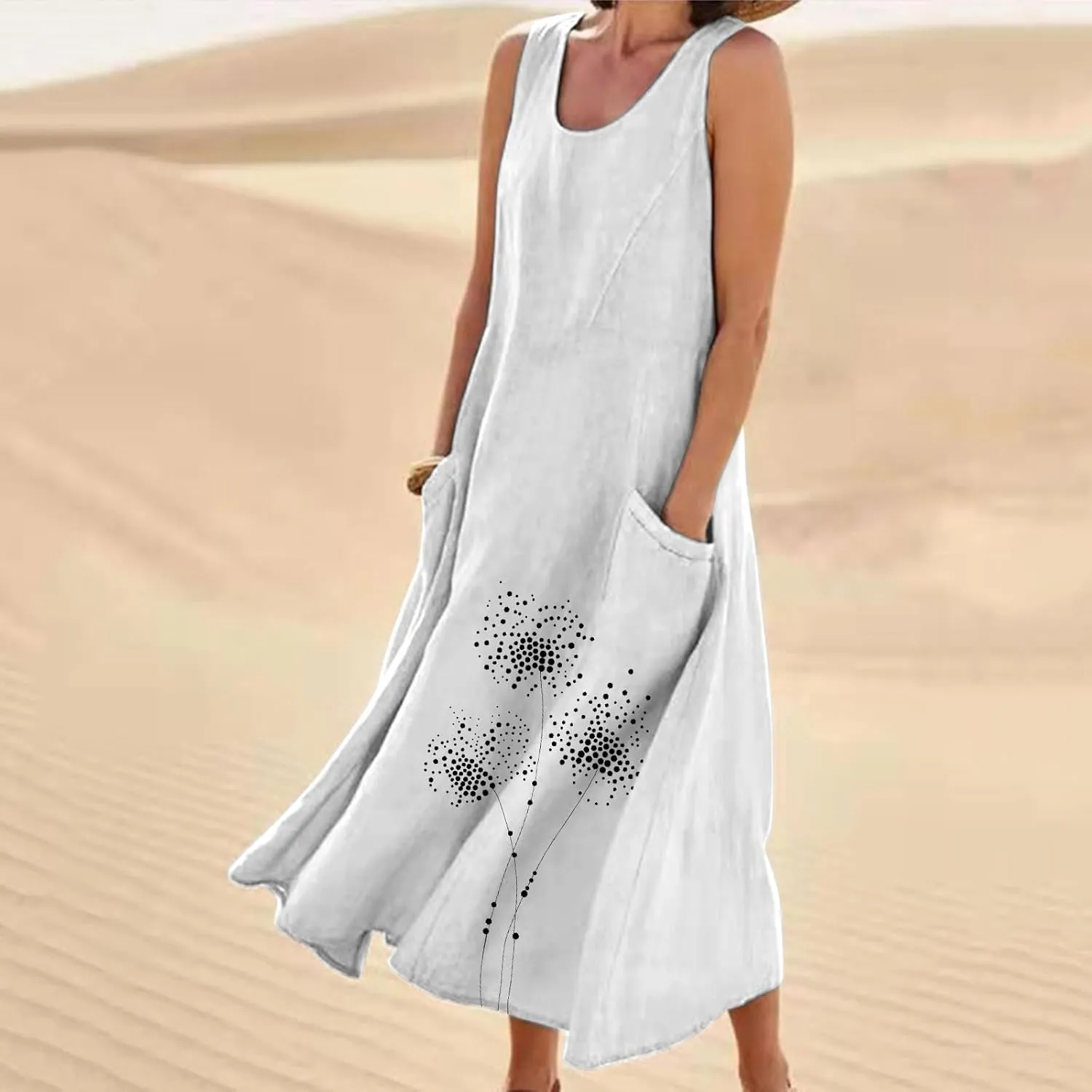 Summer Dresses for Women Casual Sleeveless Cotton Linen Elegante Maxi Dress Plus Size Floral Sundresses with Pockets