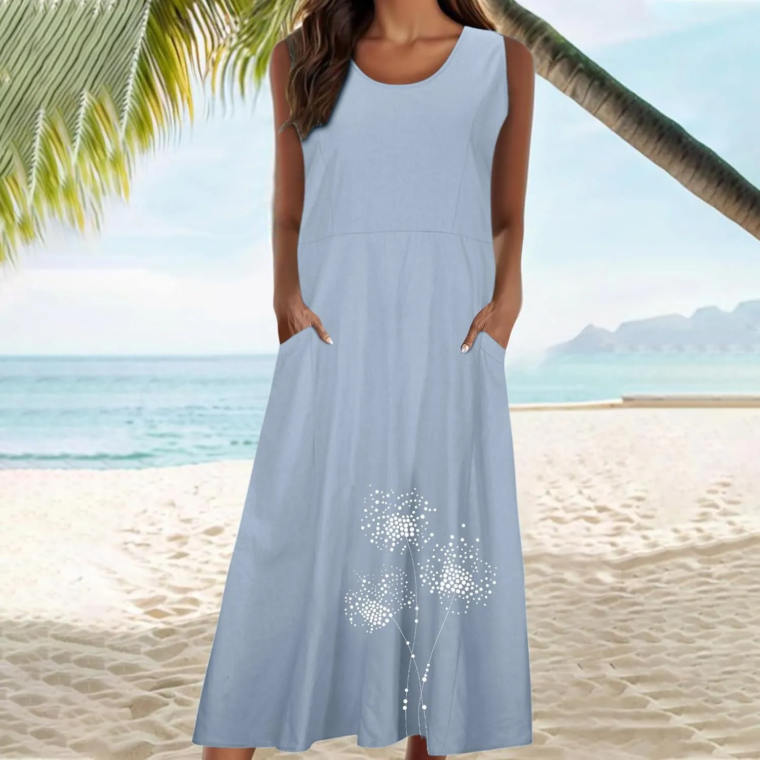 Summer Dresses for Women Casual Sleeveless Cotton Linen Elegante Maxi Dress Plus Size Floral Sundresses with Pockets