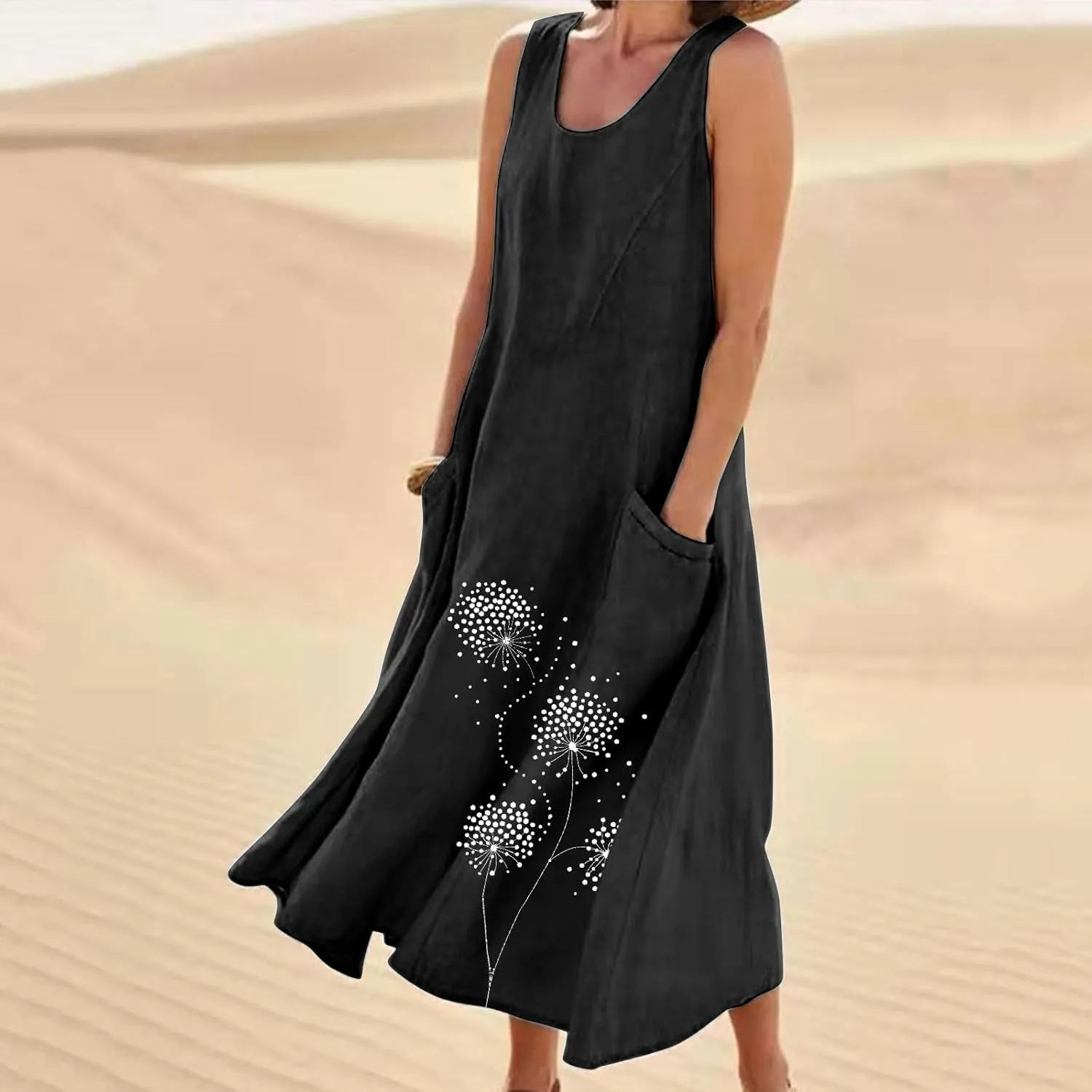 Summer Dresses for Women Casual Sleeveless Cotton Linen Elegante Maxi Dress Plus Size Floral Sundresses with Pockets
