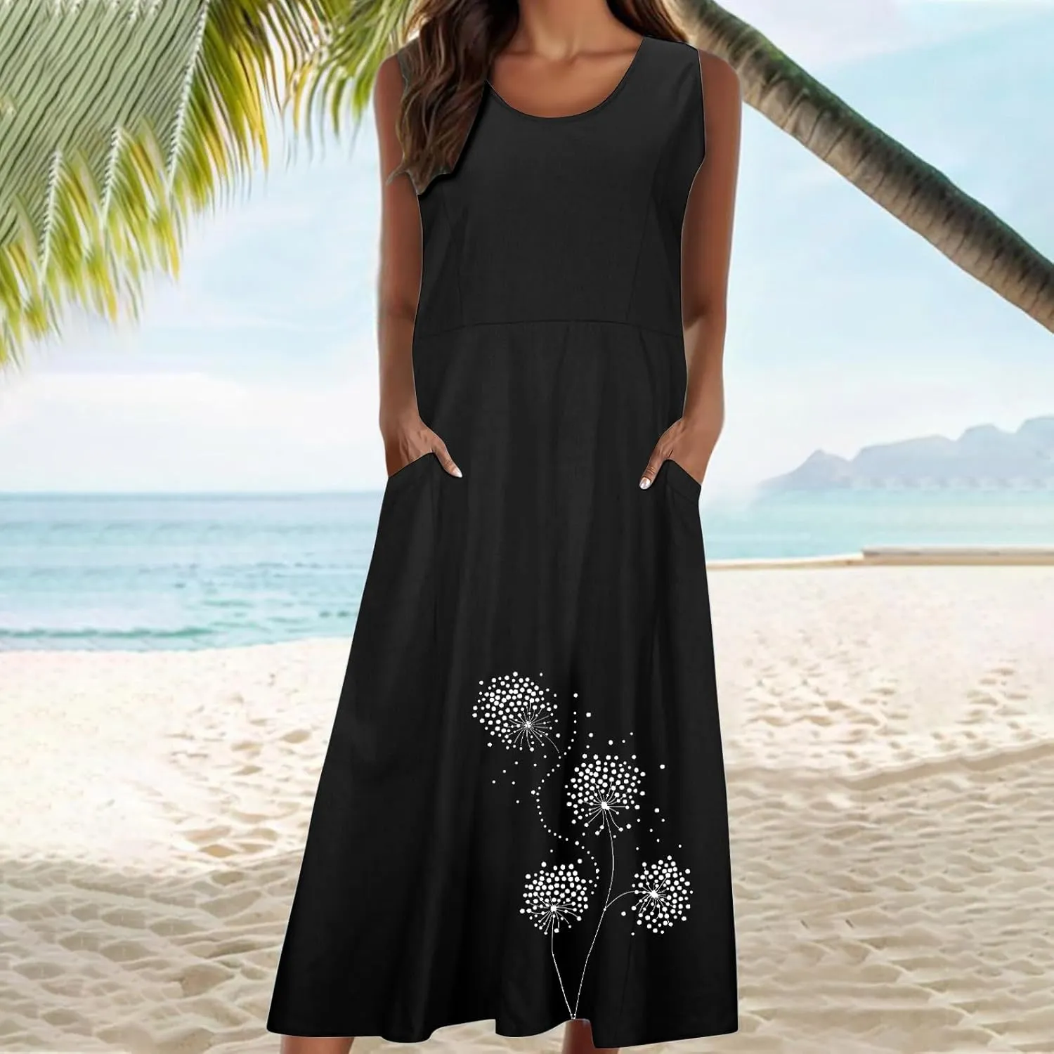 Summer Dresses for Women Casual Sleeveless Cotton Linen Elegante Maxi Dress Plus Size Floral Sundresses with Pockets