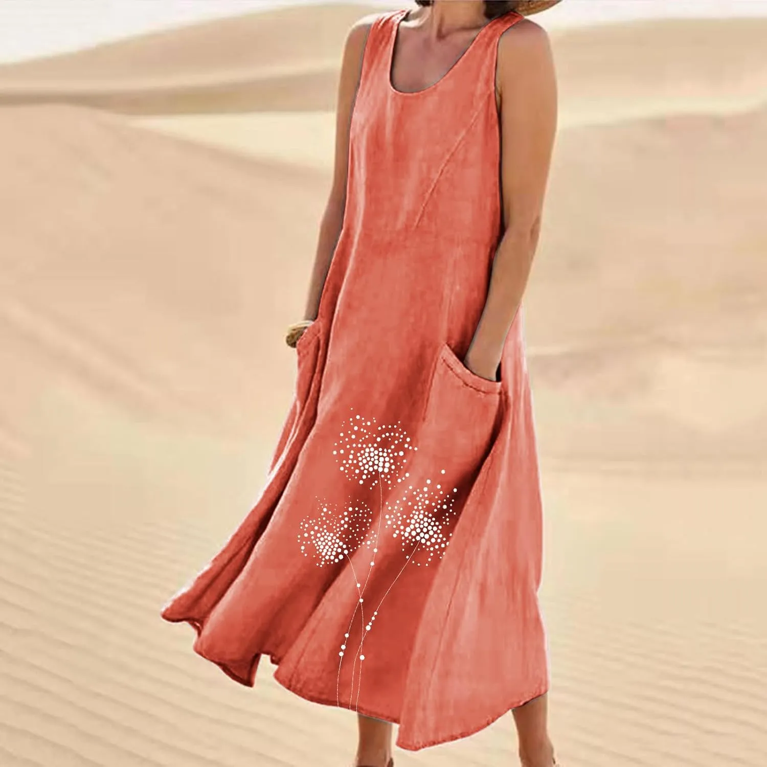 Summer Dresses for Women Casual Sleeveless Cotton Linen Elegante Maxi Dress Plus Size Floral Sundresses with Pockets