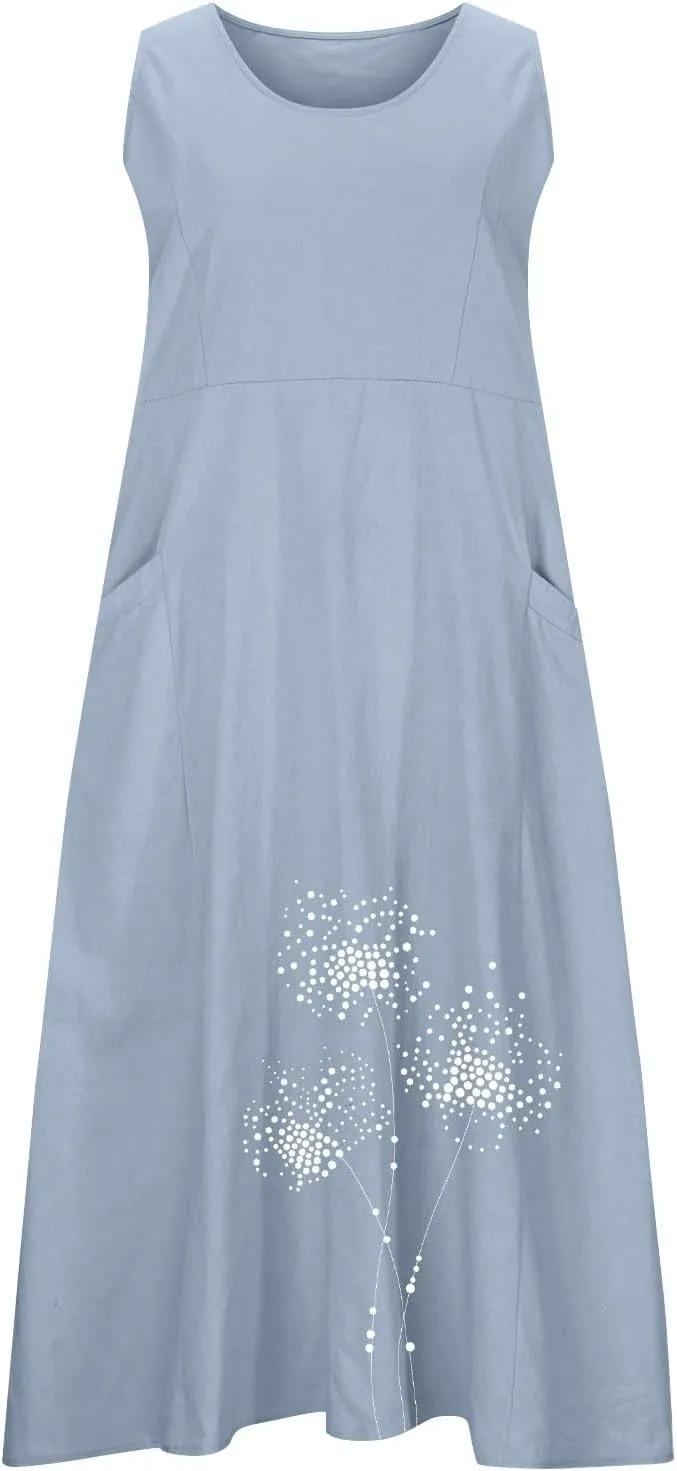Summer Dresses for Women Casual Sleeveless Cotton Linen Elegante Maxi Dress Plus Size Floral Sundresses with Pockets