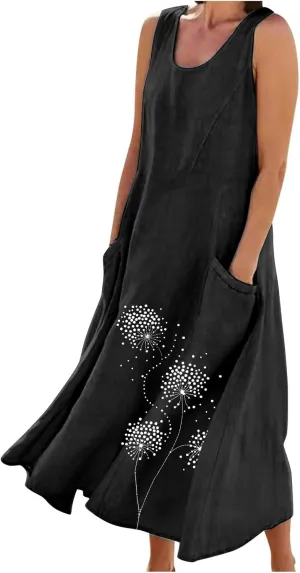Summer Dresses for Women Casual Sleeveless Cotton Linen Elegante Maxi Dress Plus Size Floral Sundresses with Pockets