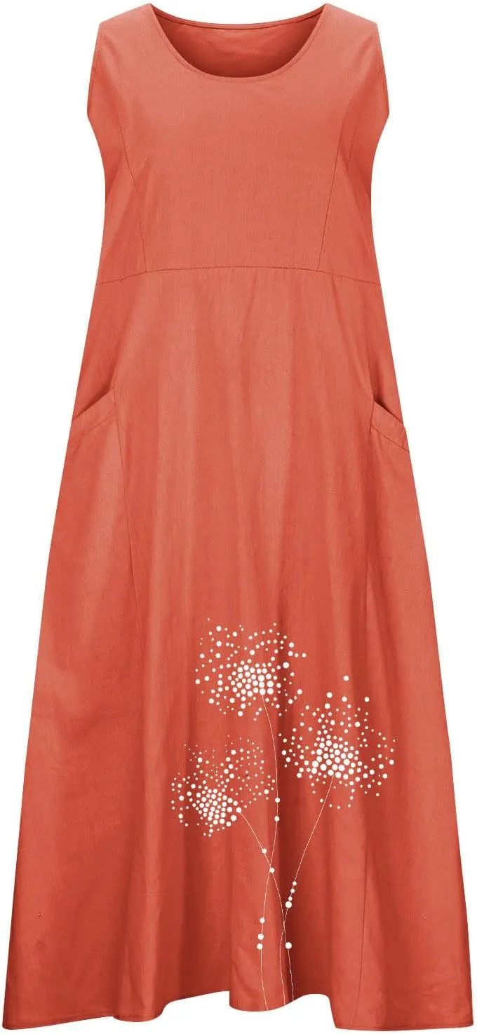Summer Dresses for Women Casual Sleeveless Cotton Linen Elegante Maxi Dress Plus Size Floral Sundresses with Pockets