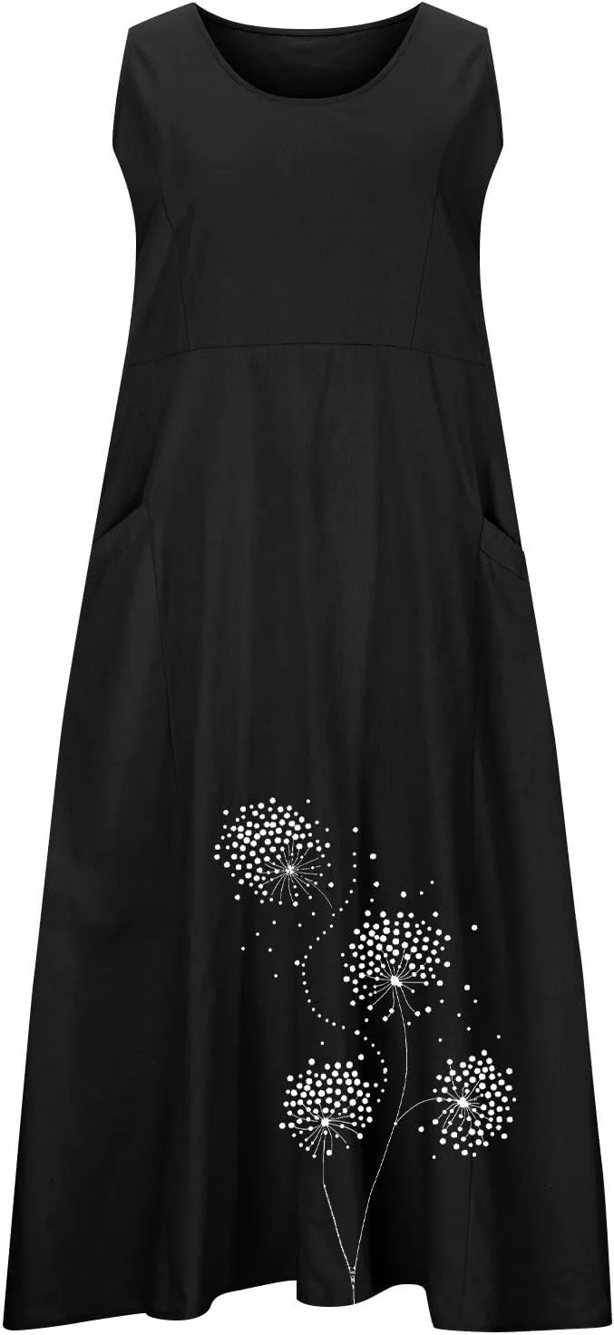 Summer Dresses for Women Casual Sleeveless Cotton Linen Elegante Maxi Dress Plus Size Floral Sundresses with Pockets