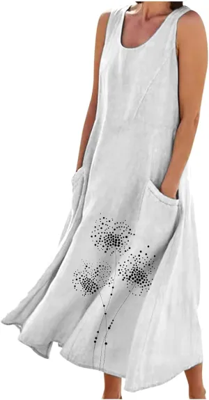 Summer Dresses for Women Casual Sleeveless Cotton Linen Elegante Maxi Dress Plus Size Floral Sundresses with Pockets