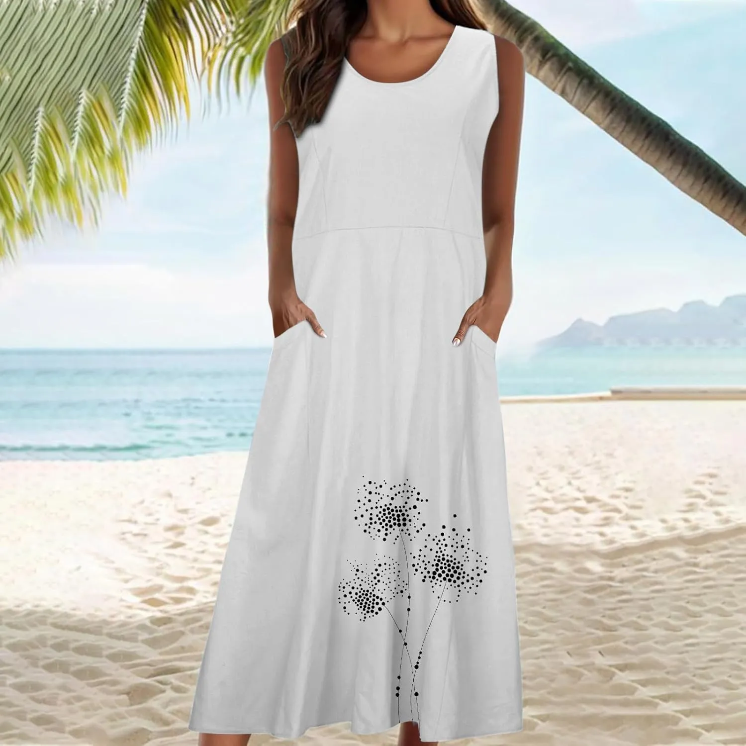 Summer Dresses for Women Casual Sleeveless Cotton Linen Elegante Maxi Dress Plus Size Floral Sundresses with Pockets
