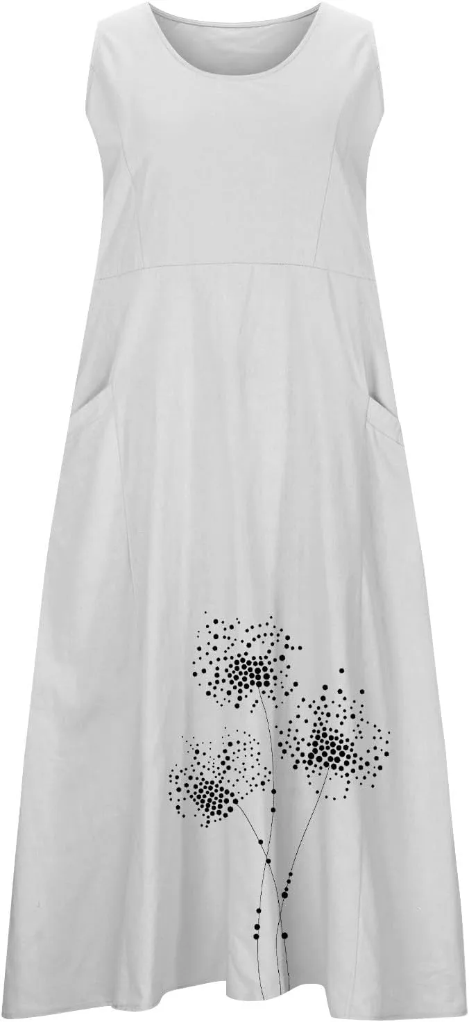 Summer Dresses for Women Casual Sleeveless Cotton Linen Elegante Maxi Dress Plus Size Floral Sundresses with Pockets