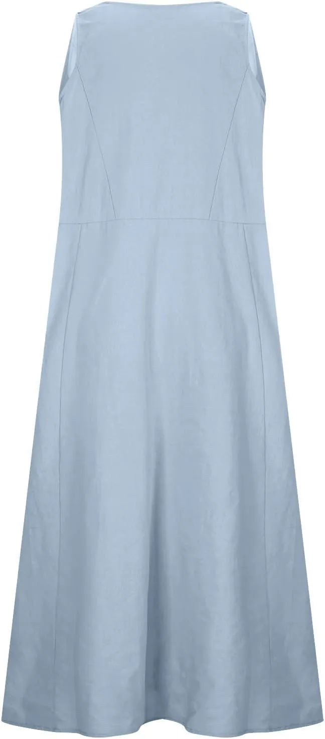 Summer Dresses for Women Casual Sleeveless Cotton Linen Elegante Maxi Dress Plus Size Floral Sundresses with Pockets