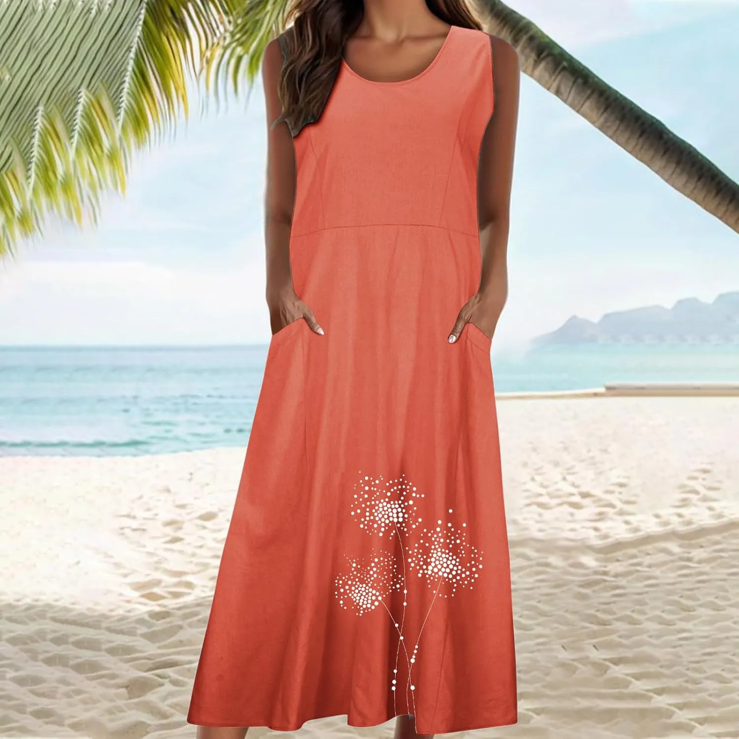 Summer Dresses for Women Casual Sleeveless Cotton Linen Elegante Maxi Dress Plus Size Floral Sundresses with Pockets