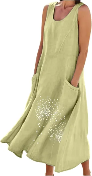 Summer Dresses for Women Casual Sleeveless Cotton Linen Maxi Dress Spring Elegante Floral Beach Dress with Pockets