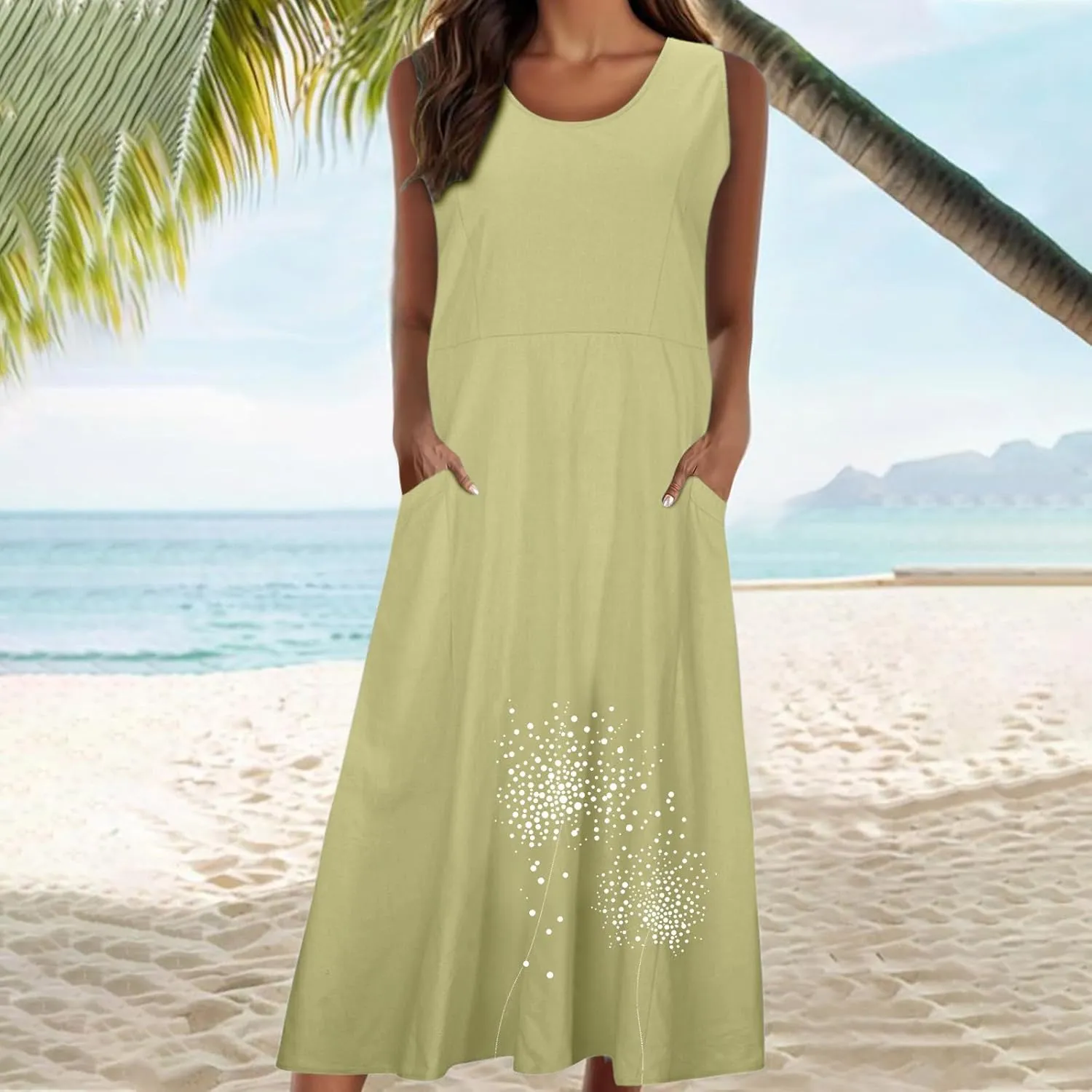 Summer Dresses for Women Casual Sleeveless Cotton Linen Maxi Dress Spring Elegante Floral Beach Dress with Pockets