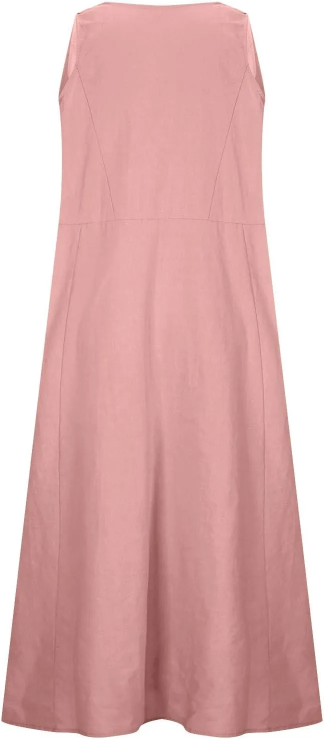 Summer Dresses for Women Casual Sleeveless Cotton Linen Maxi Dress Spring Elegante Floral Beach Dress with Pockets