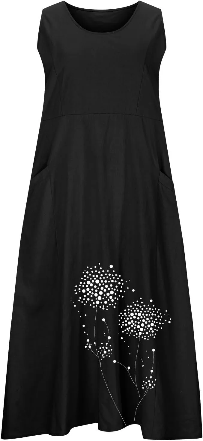 Summer Dresses for Women Casual Sleeveless Cotton Linen Maxi Dress Spring Elegante Floral Beach Dress with Pockets
