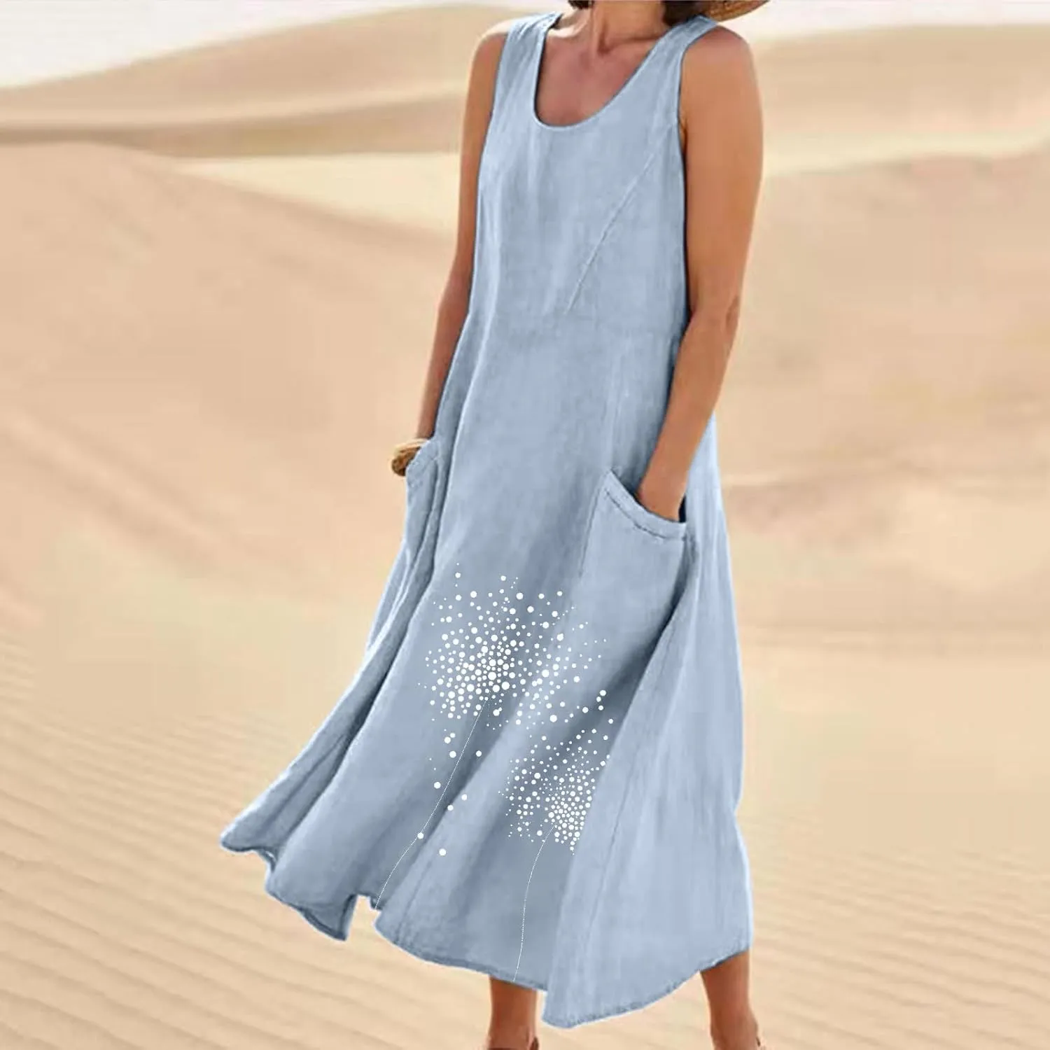 Summer Dresses for Women Casual Sleeveless Cotton Linen Maxi Dress Spring Elegante Floral Beach Dress with Pockets