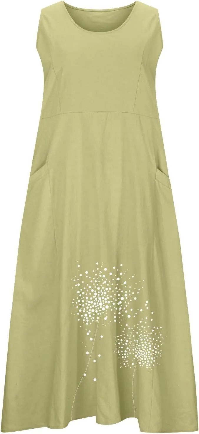 Summer Dresses for Women Casual Sleeveless Cotton Linen Maxi Dress Spring Elegante Floral Beach Dress with Pockets