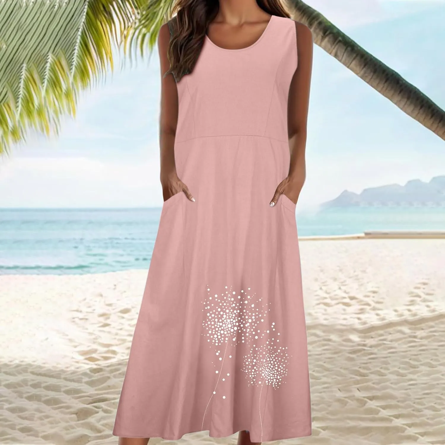Summer Dresses for Women Casual Sleeveless Cotton Linen Maxi Dress Spring Elegante Floral Beach Dress with Pockets