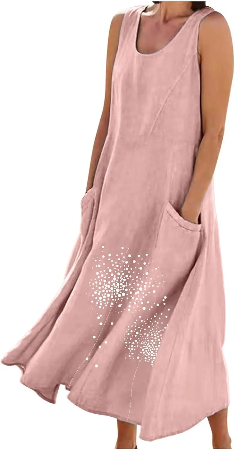Summer Dresses for Women Casual Sleeveless Cotton Linen Maxi Dress Spring Elegante Floral Beach Dress with Pockets