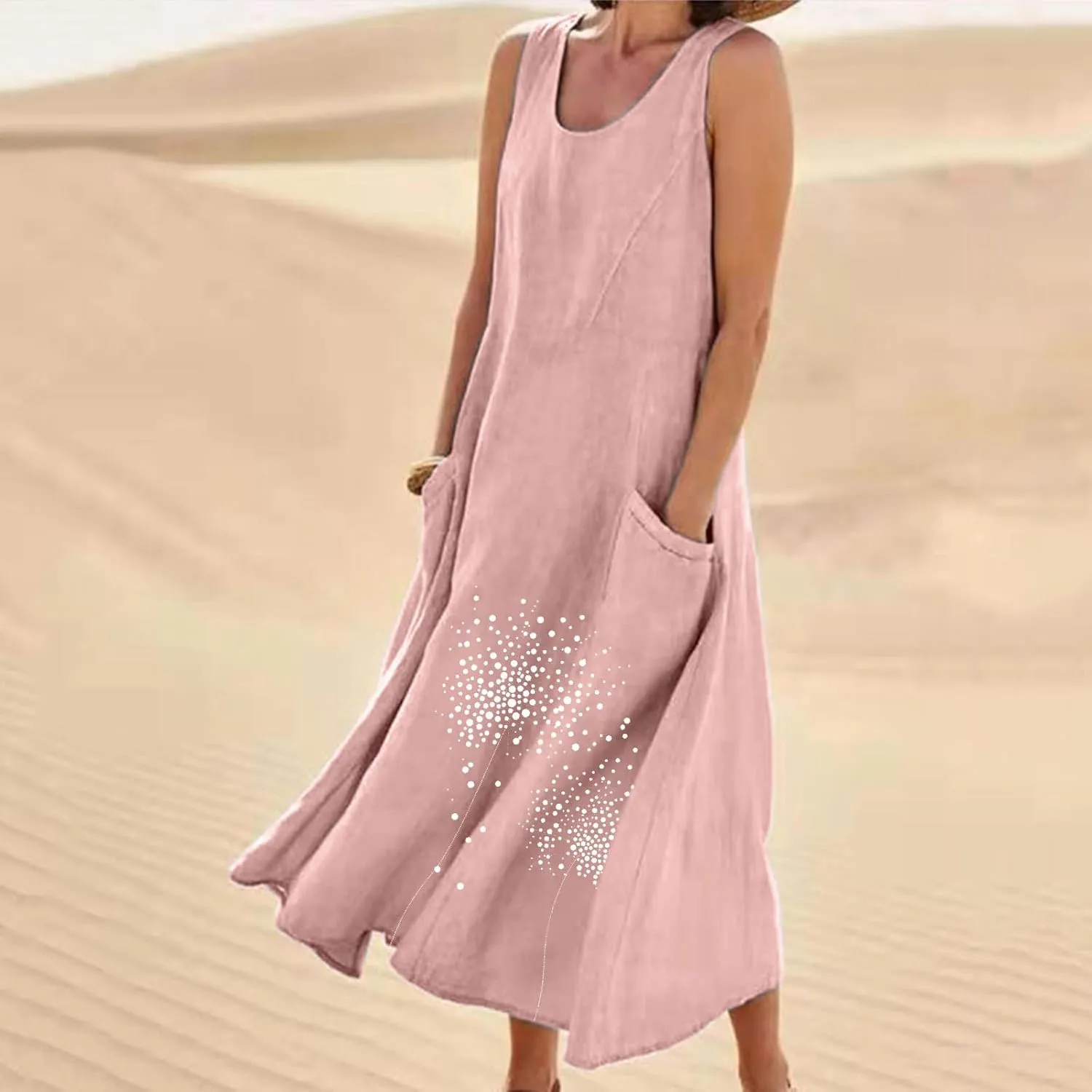 Summer Dresses for Women Casual Sleeveless Cotton Linen Maxi Dress Spring Elegante Floral Beach Dress with Pockets