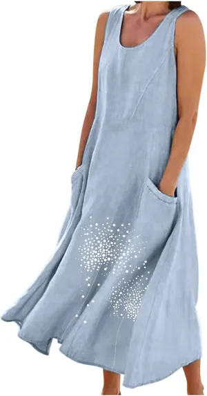 Summer Dresses for Women Casual Sleeveless Cotton Linen Maxi Dress Spring Elegante Floral Beach Dress with Pockets
