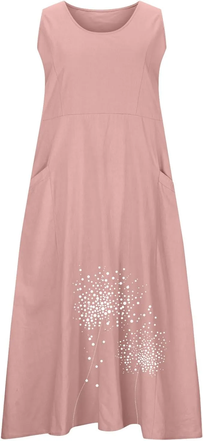 Summer Dresses for Women Casual Sleeveless Cotton Linen Maxi Dress Spring Elegante Floral Beach Dress with Pockets
