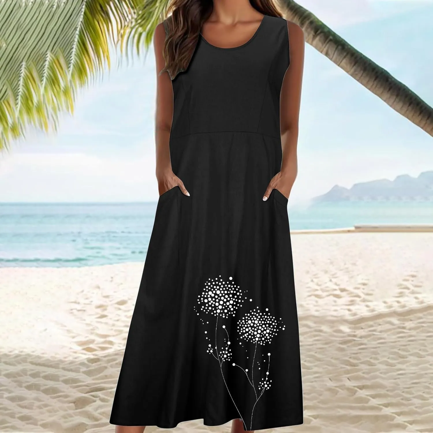 Summer Dresses for Women Casual Sleeveless Cotton Linen Maxi Dress Spring Elegante Floral Beach Dress with Pockets