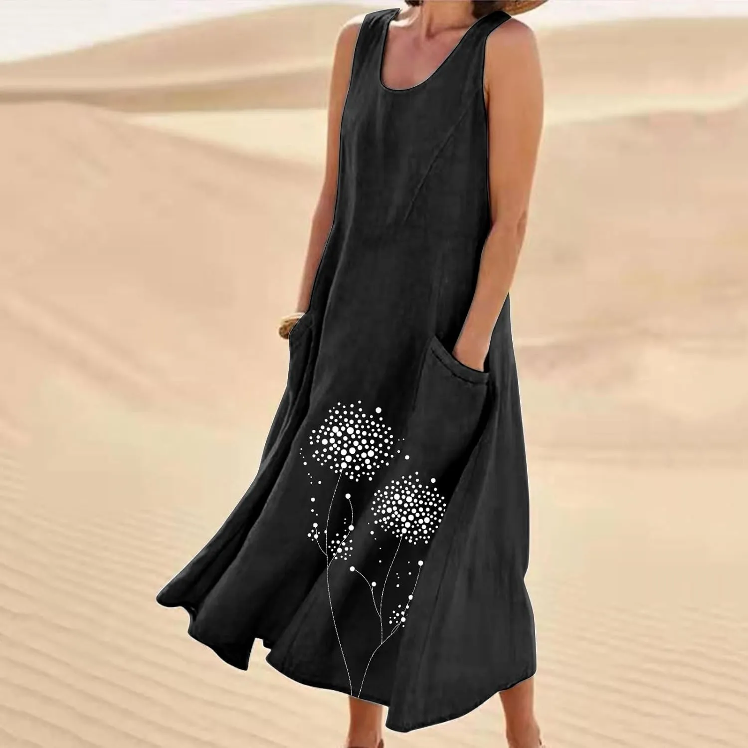 Summer Dresses for Women Casual Sleeveless Cotton Linen Maxi Dress Spring Elegante Floral Beach Dress with Pockets