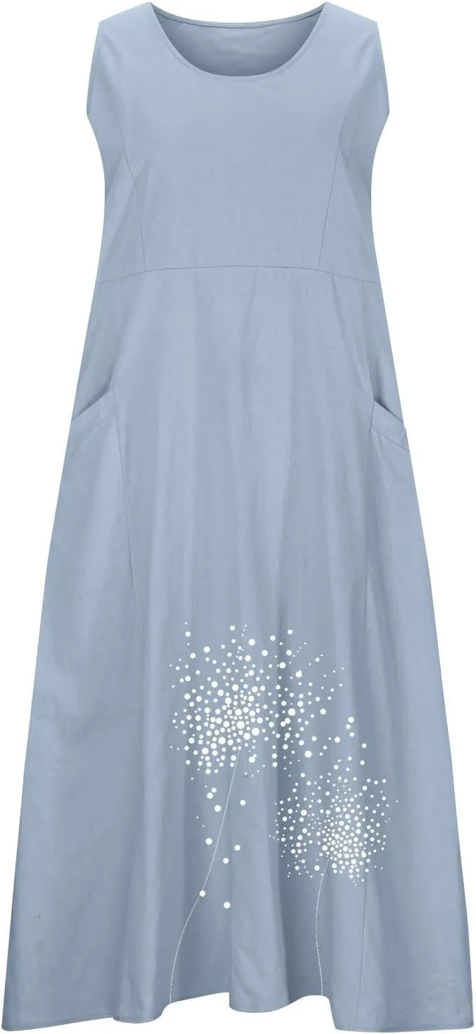 Summer Dresses for Women Casual Sleeveless Cotton Linen Maxi Dress Spring Elegante Floral Beach Dress with Pockets