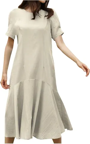 Summer Dresses for Women Cotton Linen Short Sleeve Midi Dresses Plus Size Spring Vacation Dress 2025