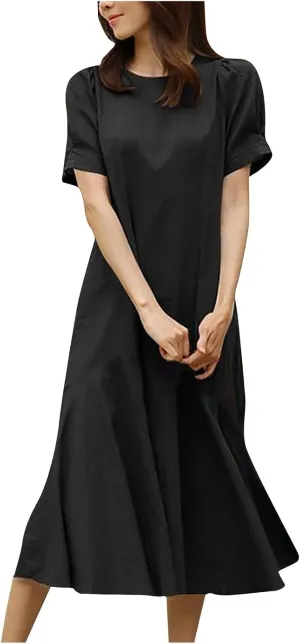 Summer Dresses for Women Cotton Linen Short Sleeve Midi Dresses Plus Size Spring Vacation Dress 2025