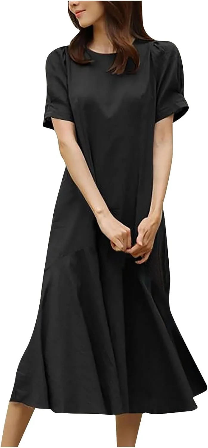 Summer Dresses for Women Cotton Linen Short Sleeve Midi Dresses Plus Size Spring Vacation Dress 2025