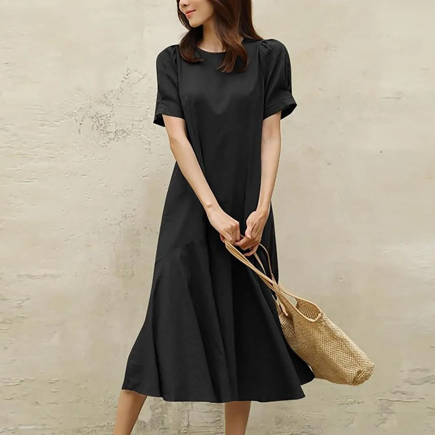 Summer Dresses for Women Cotton Linen Short Sleeve Midi Dresses Plus Size Spring Vacation Dress 2025