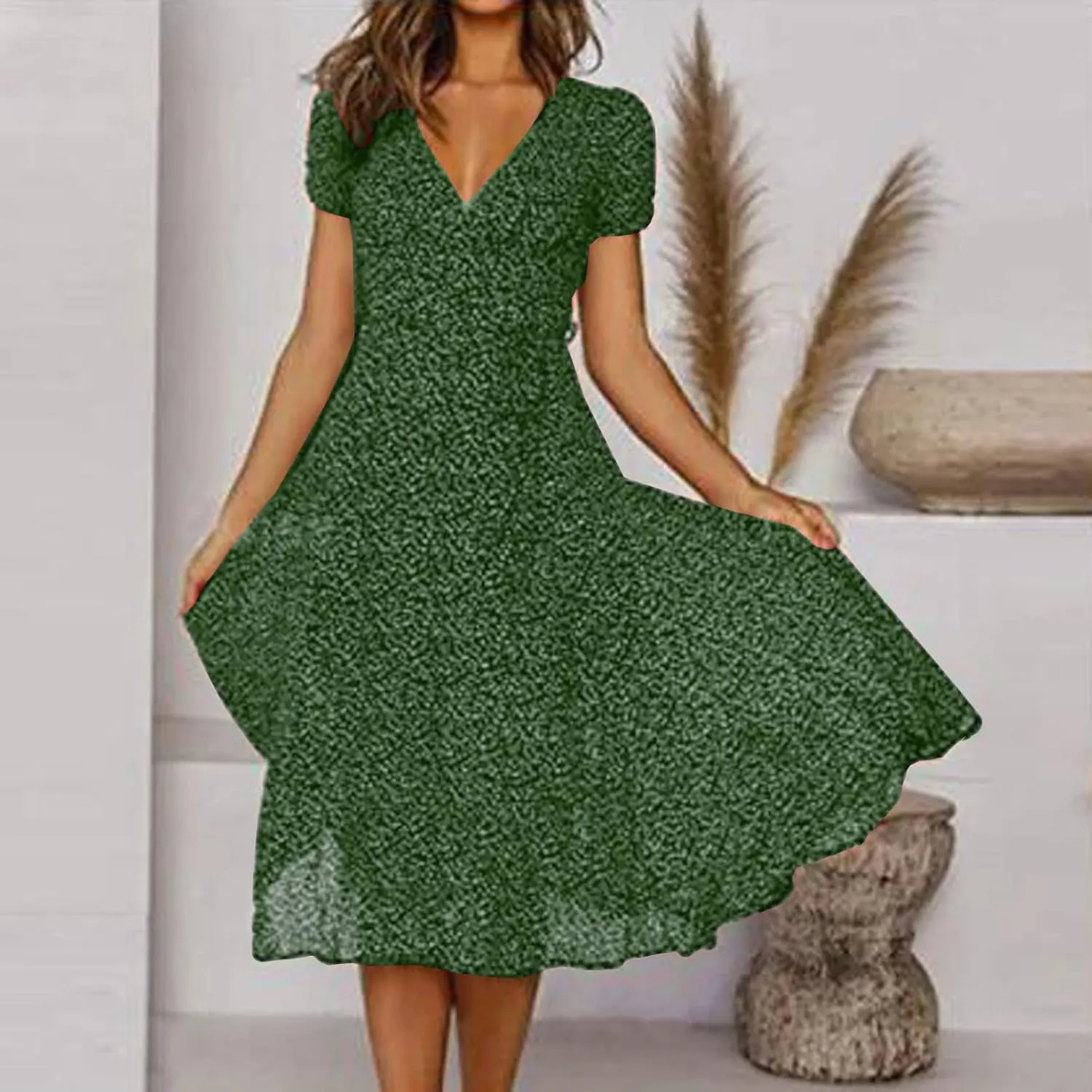Summer Dresses for Women Floral Boho Dress Beach Casual Mid Length Dress Short Sleeve Flowy Elegant Midi Dresses