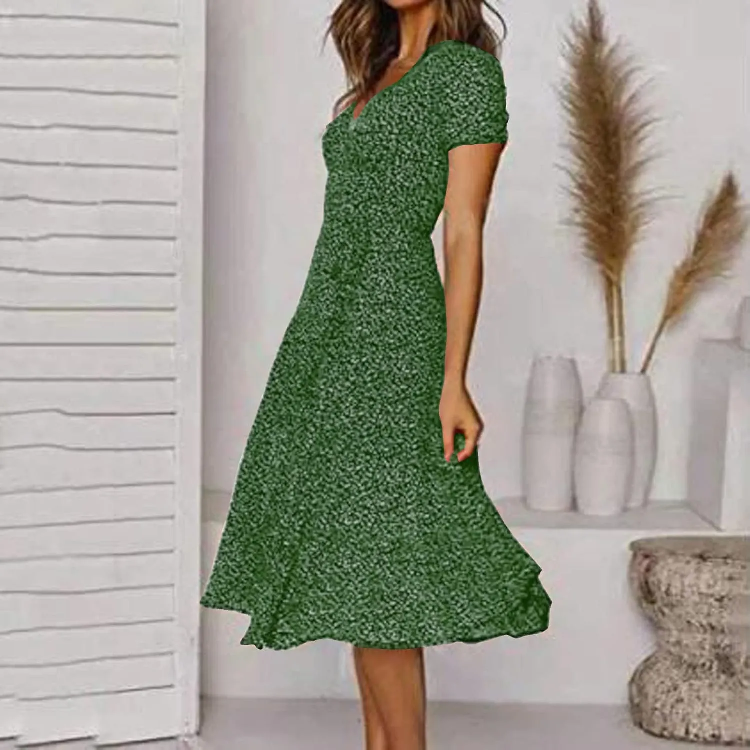 Summer Dresses for Women Floral Boho Dress Beach Casual Mid Length Dress Short Sleeve Flowy Elegant Midi Dresses