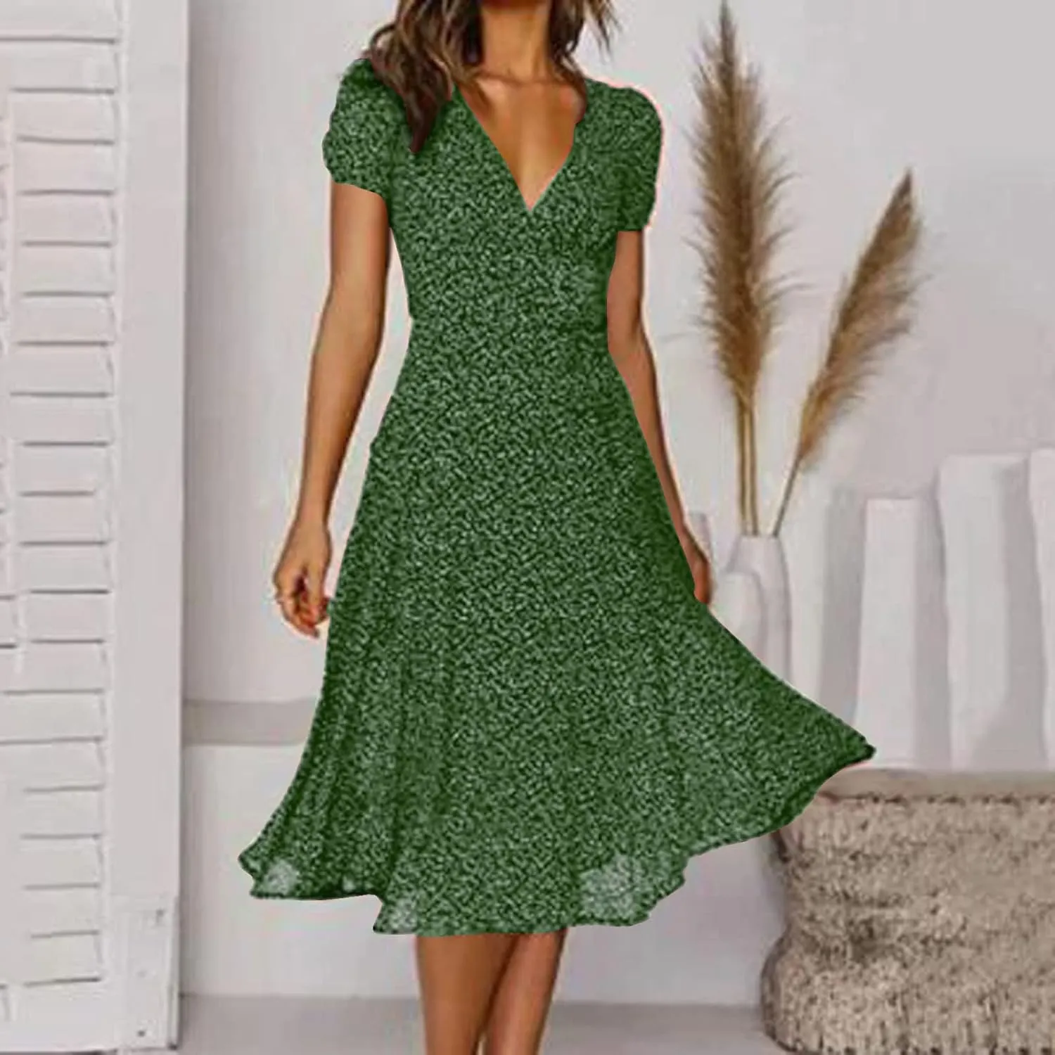 Summer Dresses for Women Floral Boho Dress Beach Casual Mid Length Dress Short Sleeve Flowy Elegant Midi Dresses