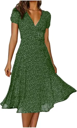 Summer Dresses for Women Floral Boho Dress Beach Casual Mid Length Dress Short Sleeve Flowy Elegant Midi Dresses