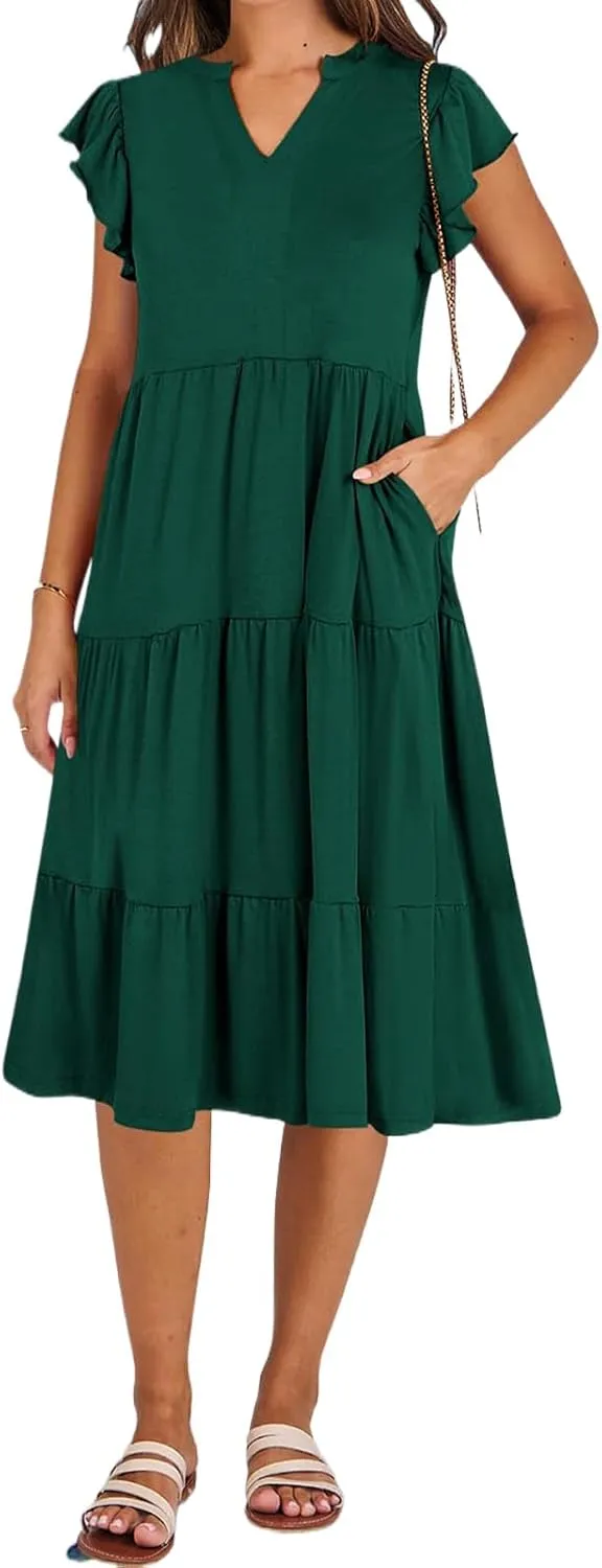 Summer Dresses for Women Ruffle Sleeve V Neck Midi Dresses Casual Fit Flowy Tiered Boho Beach Sundress with Pocket