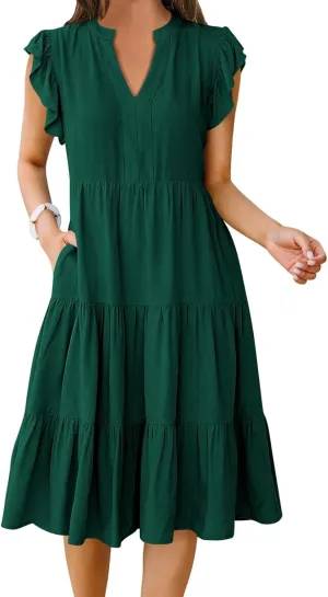 Summer Dresses for Women Ruffle Sleeve V Neck Midi Dresses Casual Fit Flowy Tiered Boho Beach Sundress with Pocket