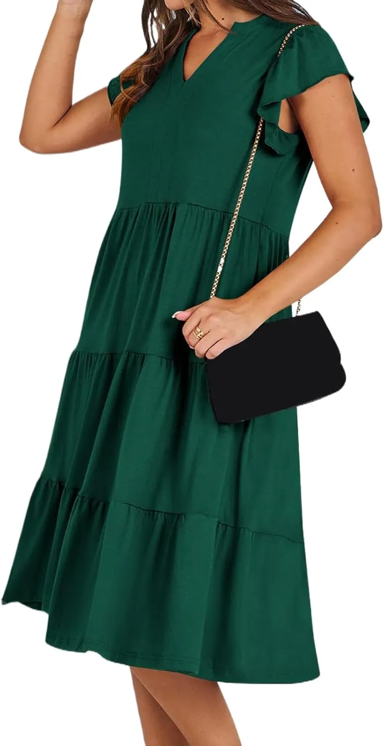 Summer Dresses for Women Ruffle Sleeve V Neck Midi Dresses Casual Fit Flowy Tiered Boho Beach Sundress with Pocket