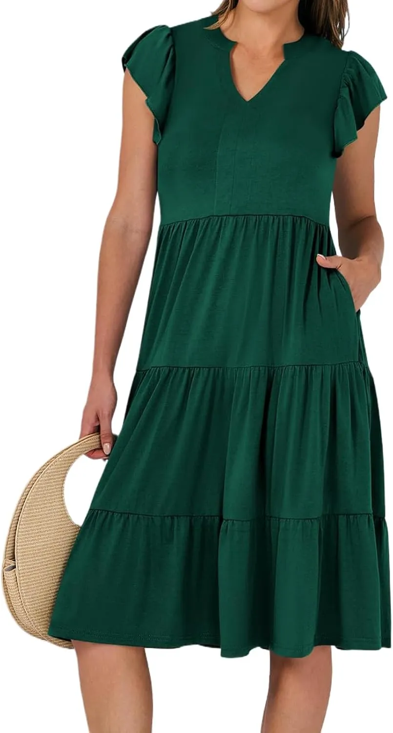 Summer Dresses for Women Ruffle Sleeve V Neck Midi Dresses Casual Fit Flowy Tiered Boho Beach Sundress with Pocket
