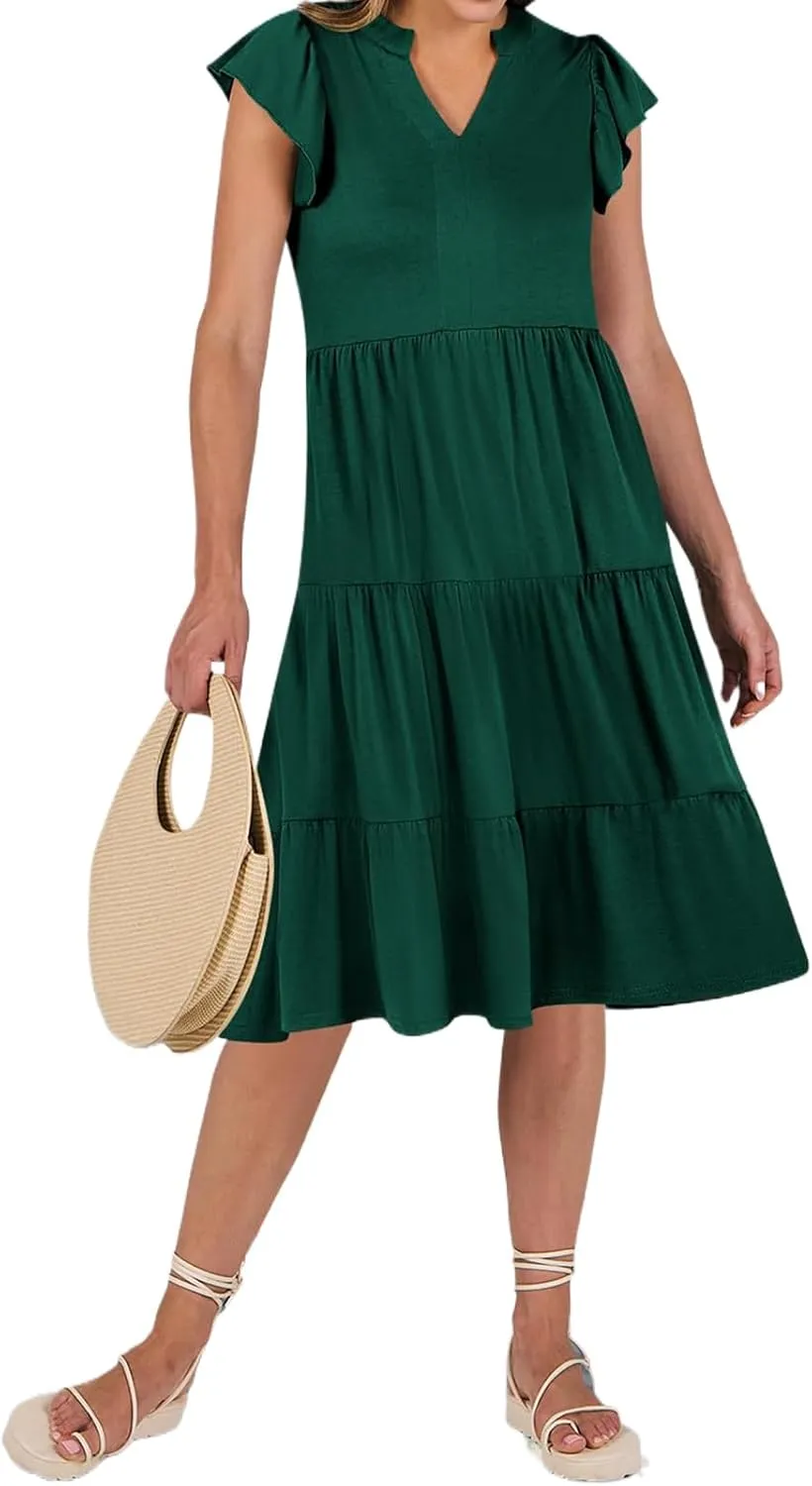 Summer Dresses for Women Ruffle Sleeve V Neck Midi Dresses Casual Fit Flowy Tiered Boho Beach Sundress with Pocket