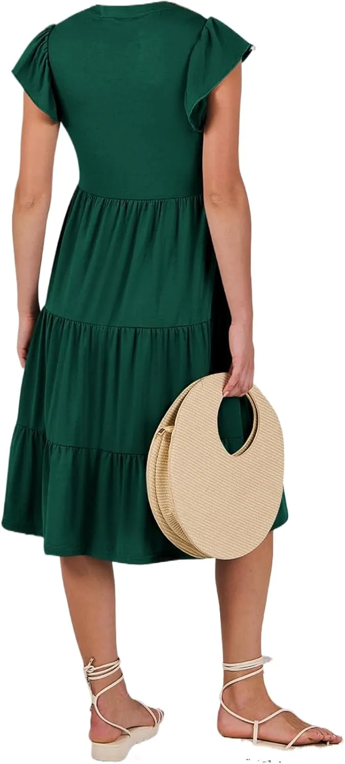 Summer Dresses for Women Ruffle Sleeve V Neck Midi Dresses Casual Fit Flowy Tiered Boho Beach Sundress with Pocket