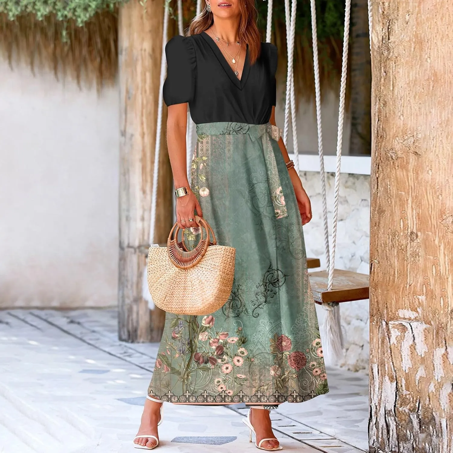 Summer Dresses for Women Short Sleeve Flowy Dress V Neck Elegant Maxi Dress with Belt Split Long Dresses