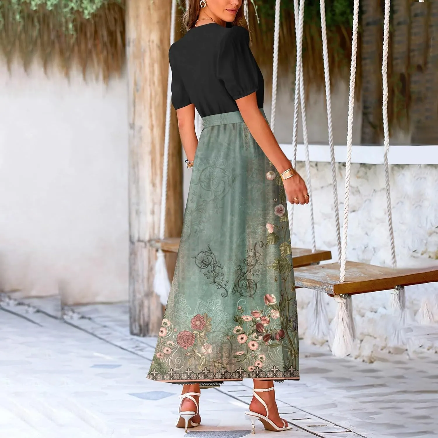Summer Dresses for Women Short Sleeve Flowy Dress V Neck Elegant Maxi Dress with Belt Split Long Dresses