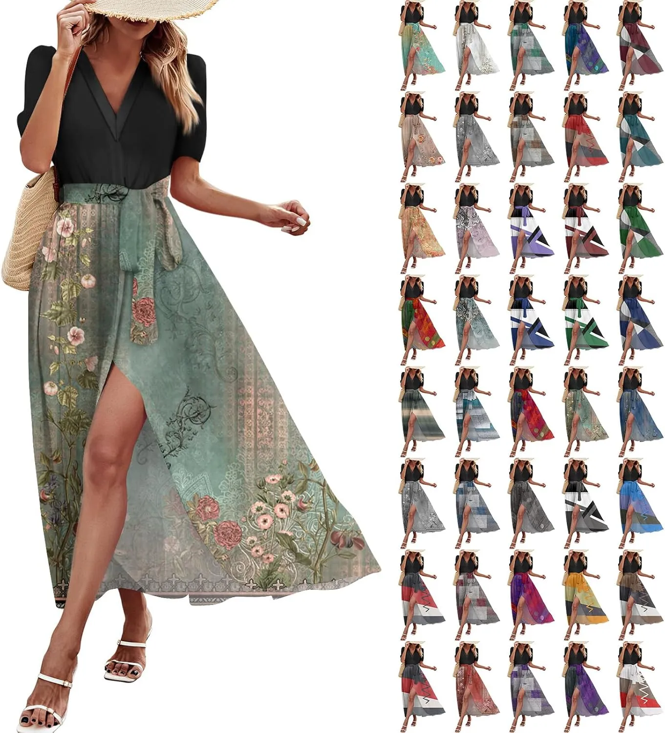 Summer Dresses for Women Short Sleeve Flowy Dress V Neck Elegant Maxi Dress with Belt Split Long Dresses