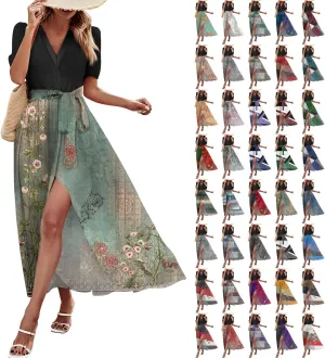 Summer Dresses for Women Short Sleeve Flowy Dress V Neck Elegant Maxi Dress with Belt Split Long Dresses