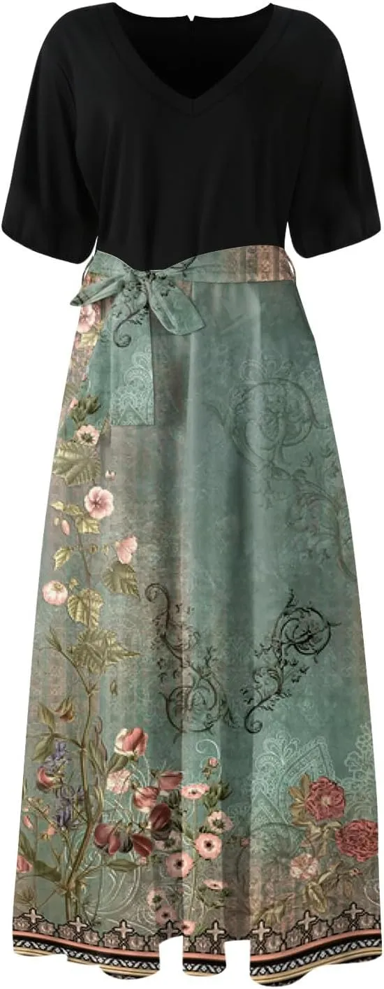 Summer Dresses for Women Short Sleeve Flowy Dress V Neck Elegant Maxi Dress with Belt Split Long Dresses