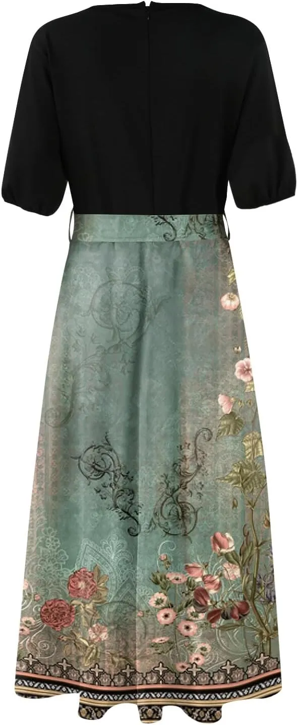 Summer Dresses for Women Short Sleeve Flowy Dress V Neck Elegant Maxi Dress with Belt Split Long Dresses