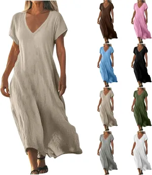 Summer Linen Dresses for Women 2025 Short Sleeve V Neck Shift Long Maxi Dresses Comfy Flowy Swing A Line Beach Dress